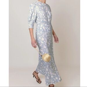RIXO Blue Puff Sleeve Gown for Wedding Guests